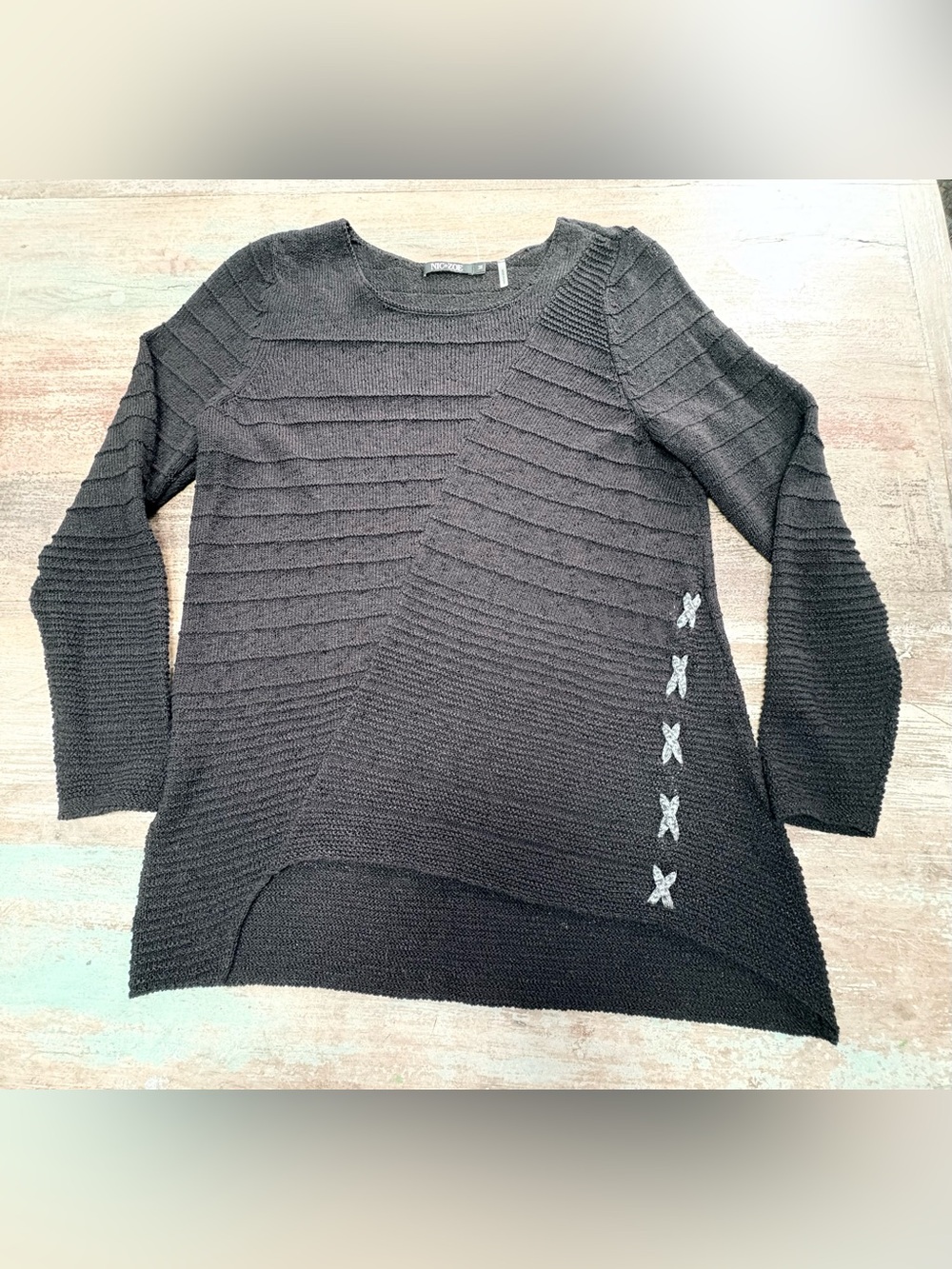 NIC+ZOE Black Textured Knit Crewneck Sweater with cross stitch  Details